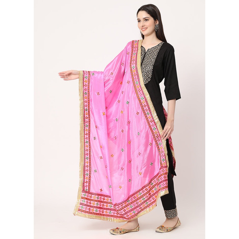 Pink Chiffon Phulkari Embroidered Work Dupatta - JD986588940