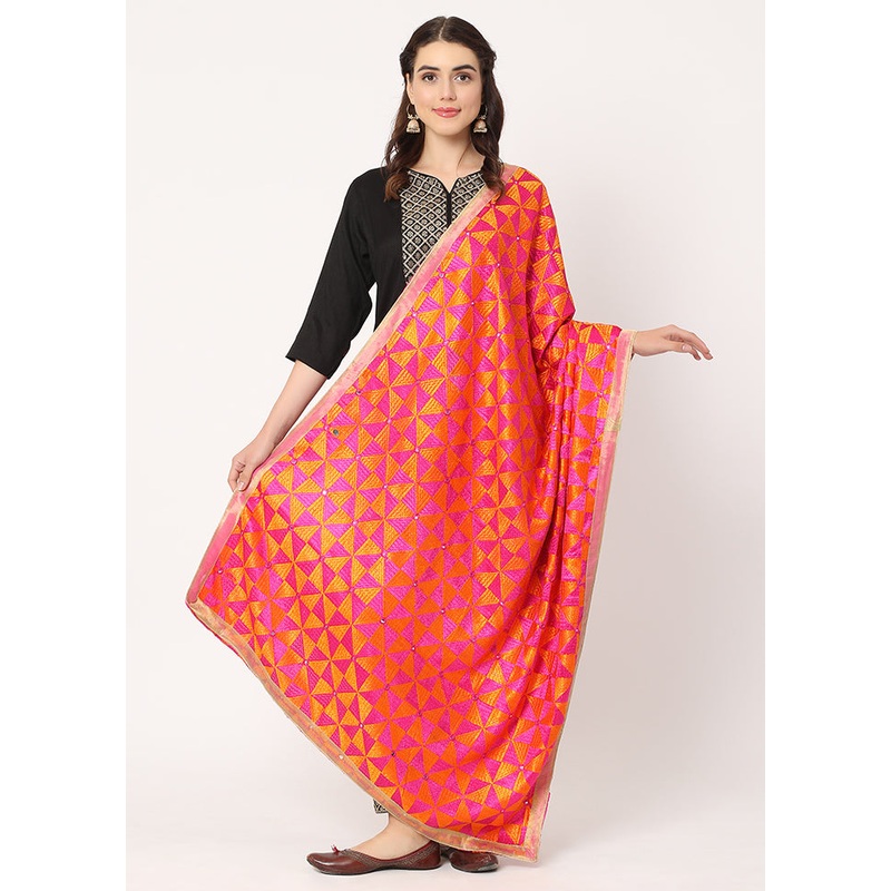 Pink Chiffon Phulkari Embroidered Work Dupatta - JD986588941