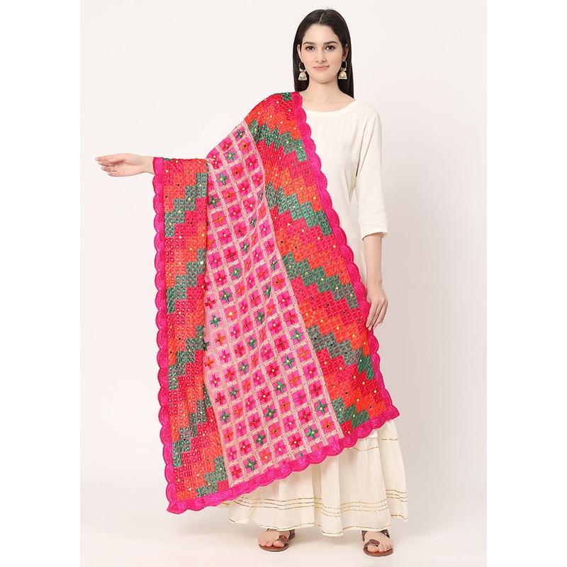Pink Chiffon Phulkari Embroidered Work Dupatta - JD986588942