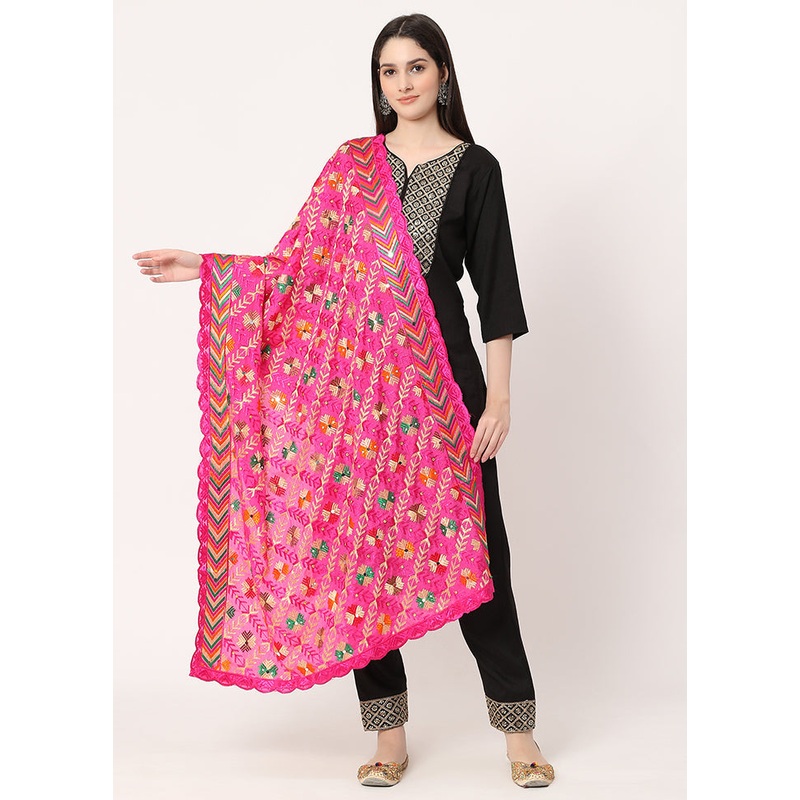 Pink Chiffon Phulkari Embroidered Work Dupatta - JD986588943