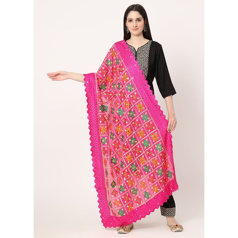 Pink Chiffon Phulkari Embroidered Work Dupatta - JD986588944