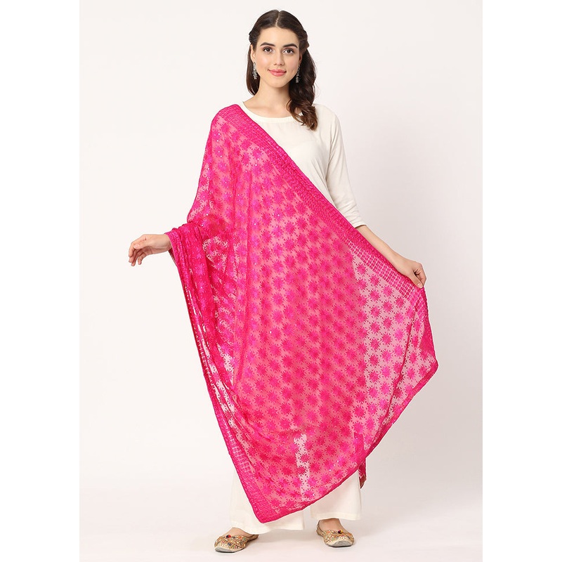 Pink Chiffon Phulkari Embroidered Work Dupatta - JD986588945