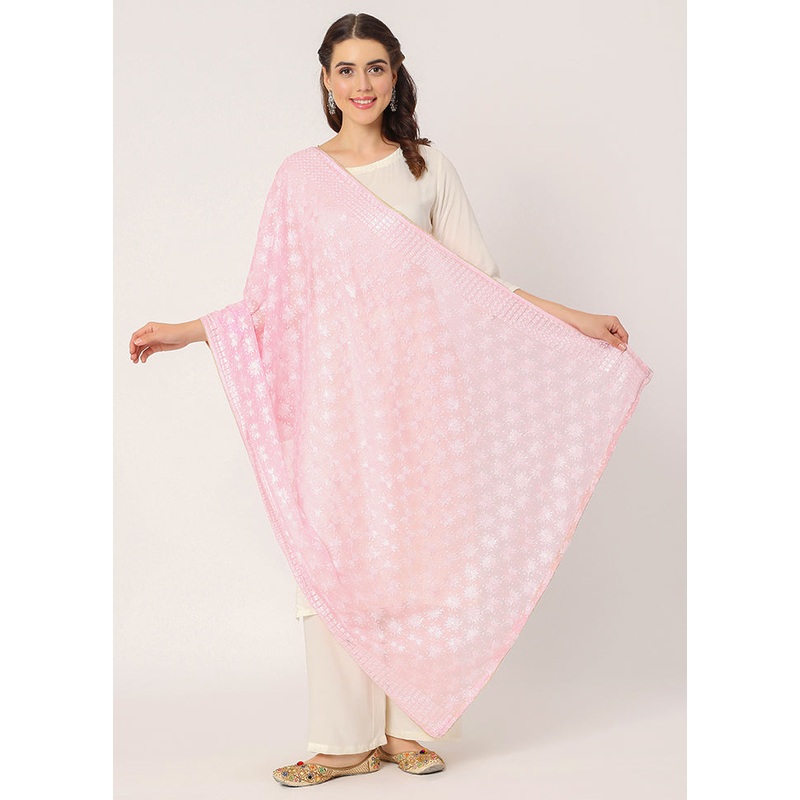Pink Chiffon Phulkari Embroidered Work Dupatta - JD986588947