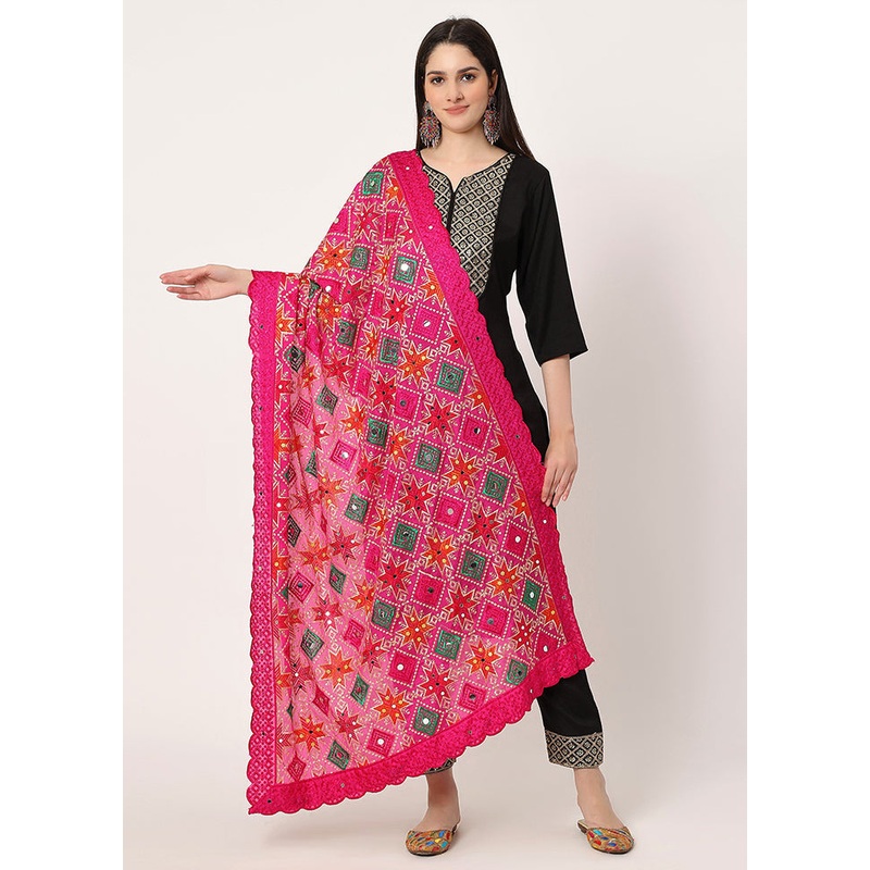 Pink Chiffon Phulkari Embroidered Work Dupatta - JD986588949