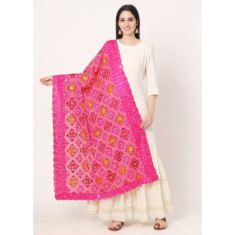 Pink Chiffon Phulkari Embroidered Work Dupatta - JD986588950
