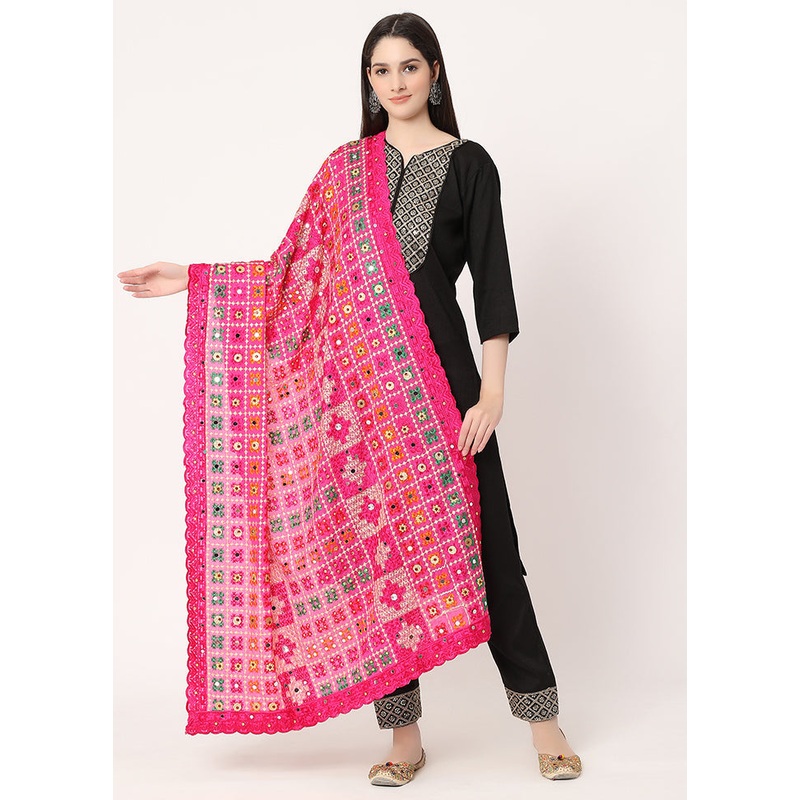 Pink Chiffon Phulkari Embroidered Work Dupatta - JD986588951