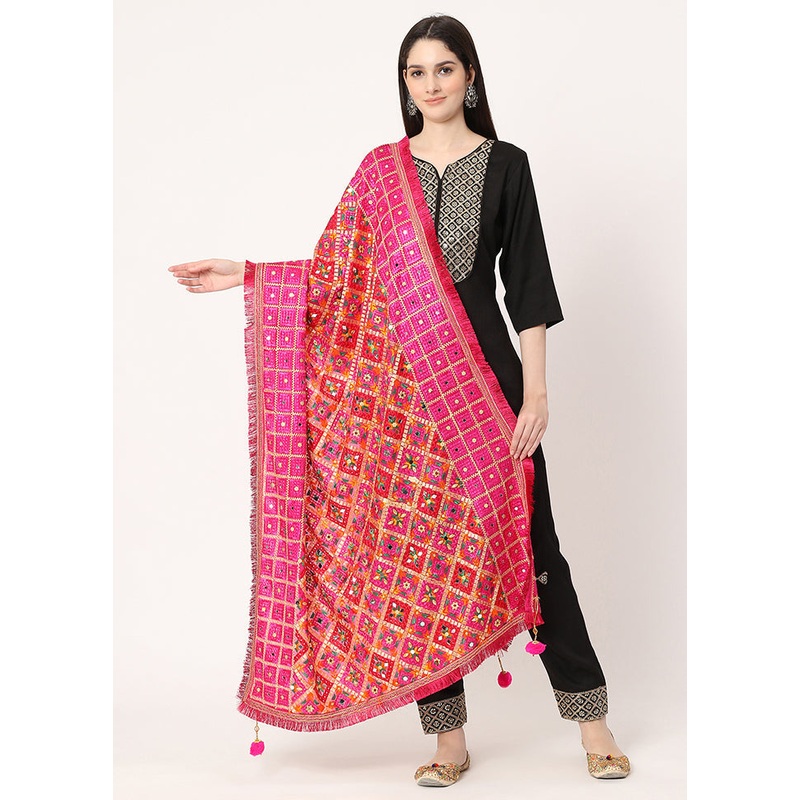 Pink Chiffon Phulkari Embroidered Work Dupatta - JD986588952