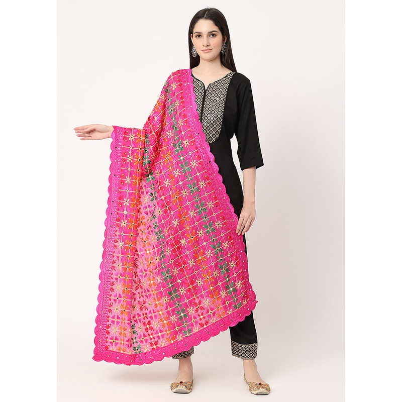 Pink Chiffon Phulkari Embroidered Work Dupatta - JD986588953
