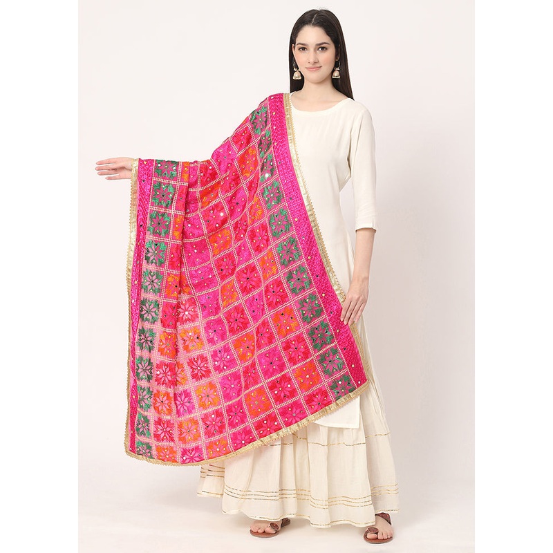 Pink Chiffon Phulkari Embroidered Work Dupatta - JD986588954