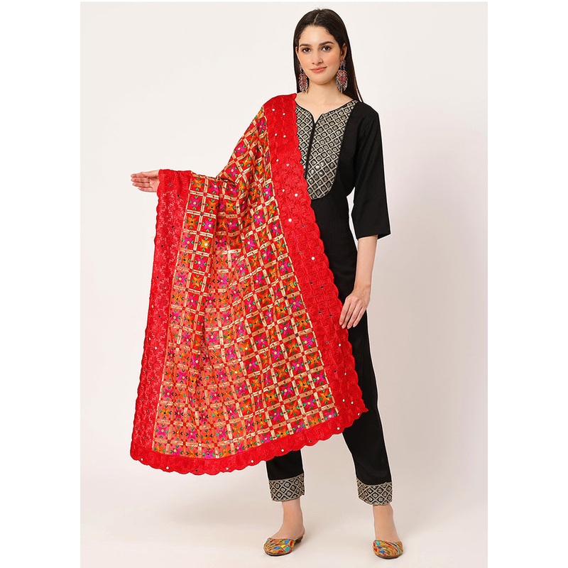 Red Chiffon Phulkari Embroidered Work Dupatta - JD986588968