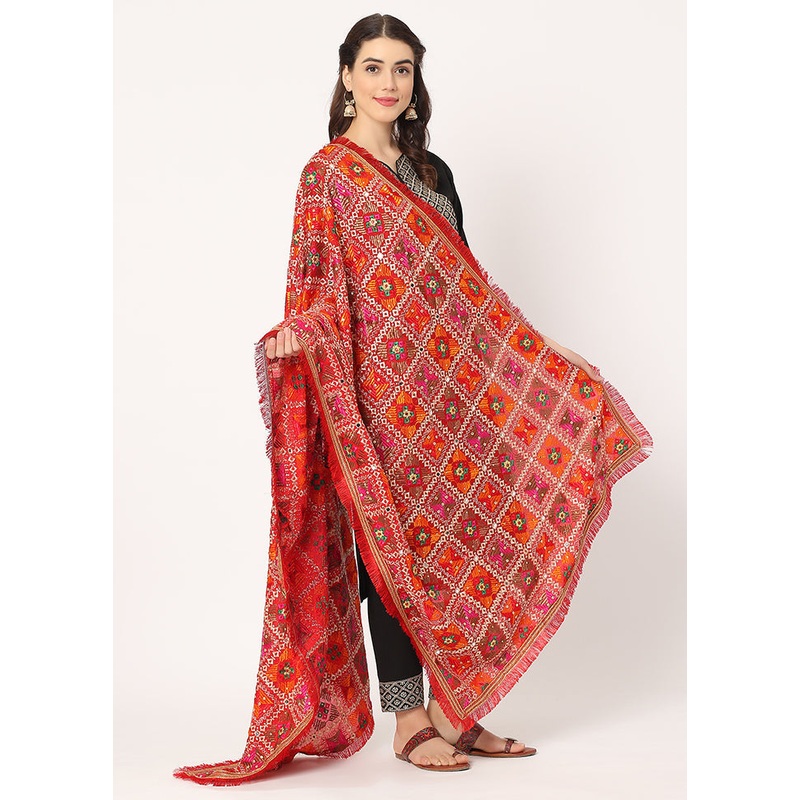 Red Chiffon Phulkari Embroidered Work Dupatta - JD986588969