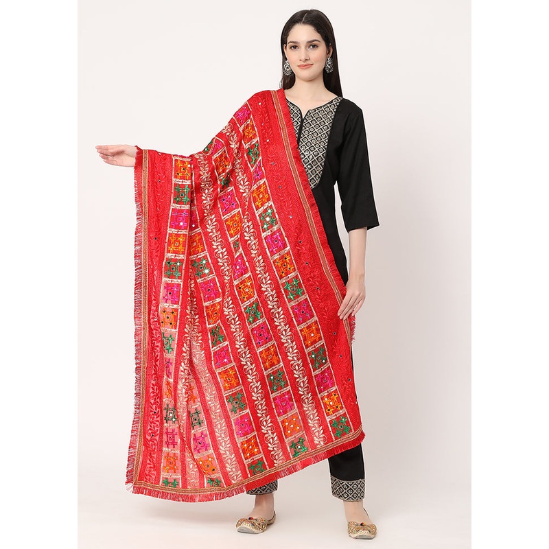 Red Chiffon Phulkari Embroidered Work Dupatta - JD986588970