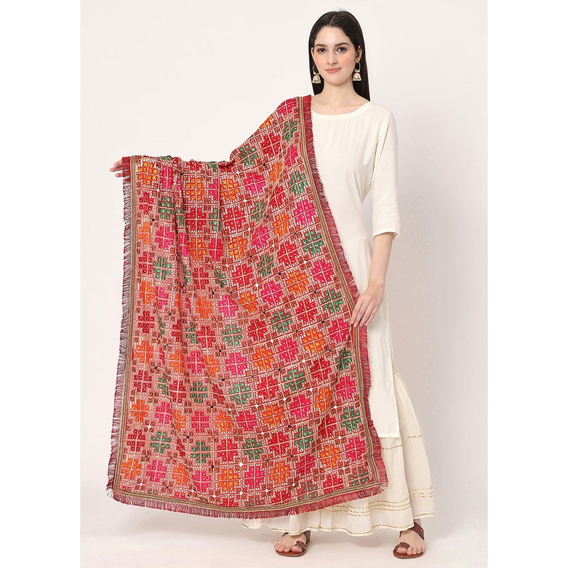 Red Chiffon Phulkari Embroidered Work Dupatta - JD986588971