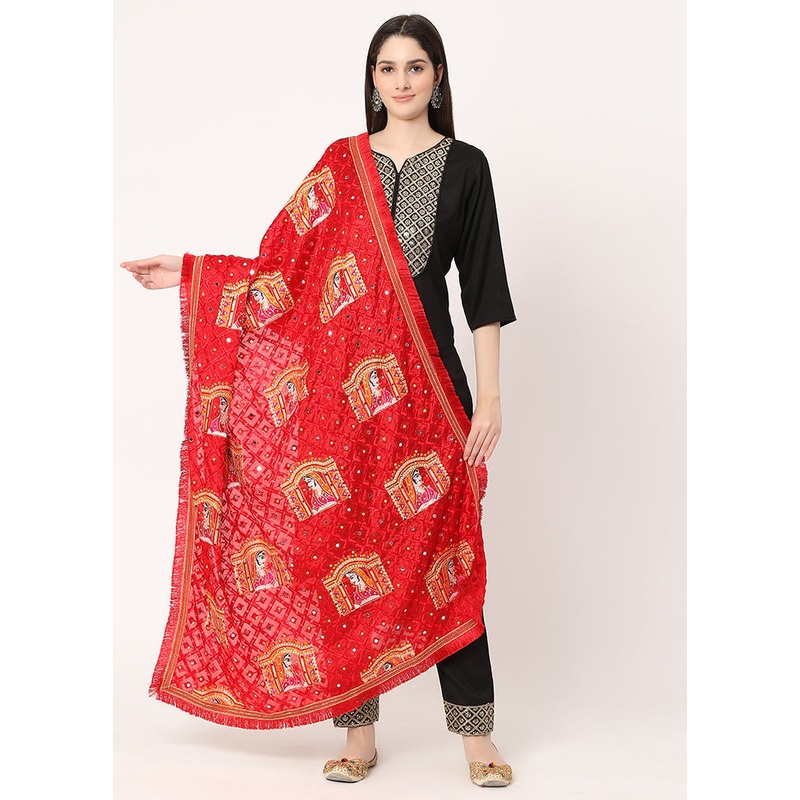 Red Chiffon Phulkari Embroidered Work Dupatta - JD986588972