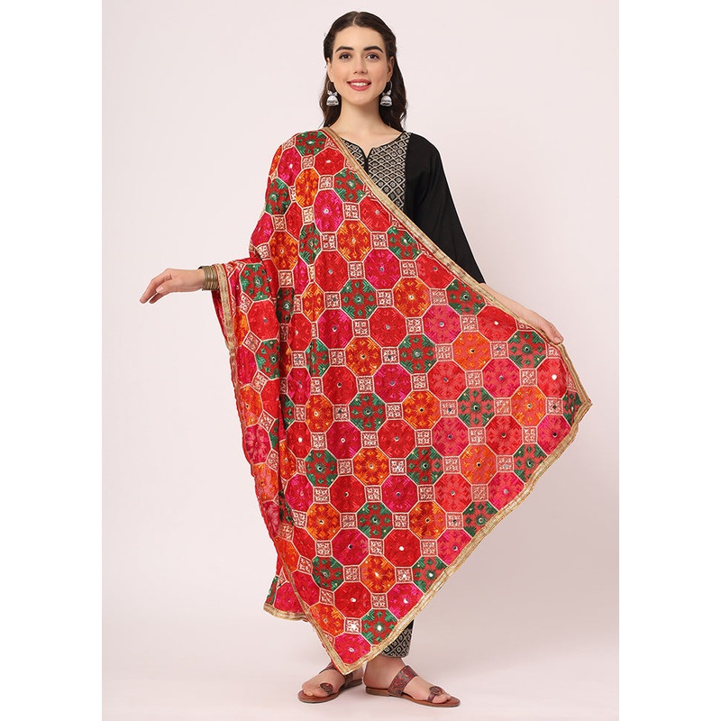Red Chiffon Phulkari Embroidered Work Dupatta - JD986588973