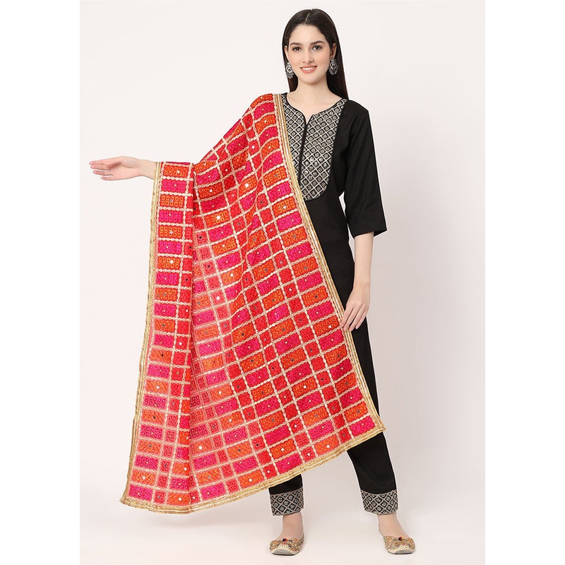 Red Chiffon Phulkari Embroidered Work Dupatta - JD986588974