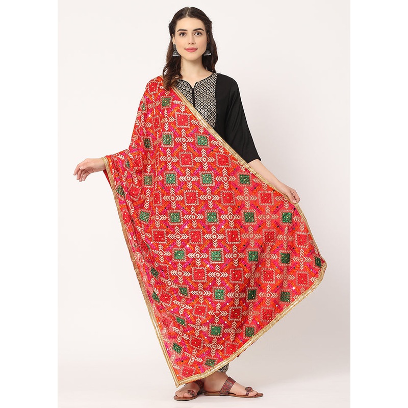 Red Chiffon Phulkari Embroidered Work Dupatta - JD986588975
