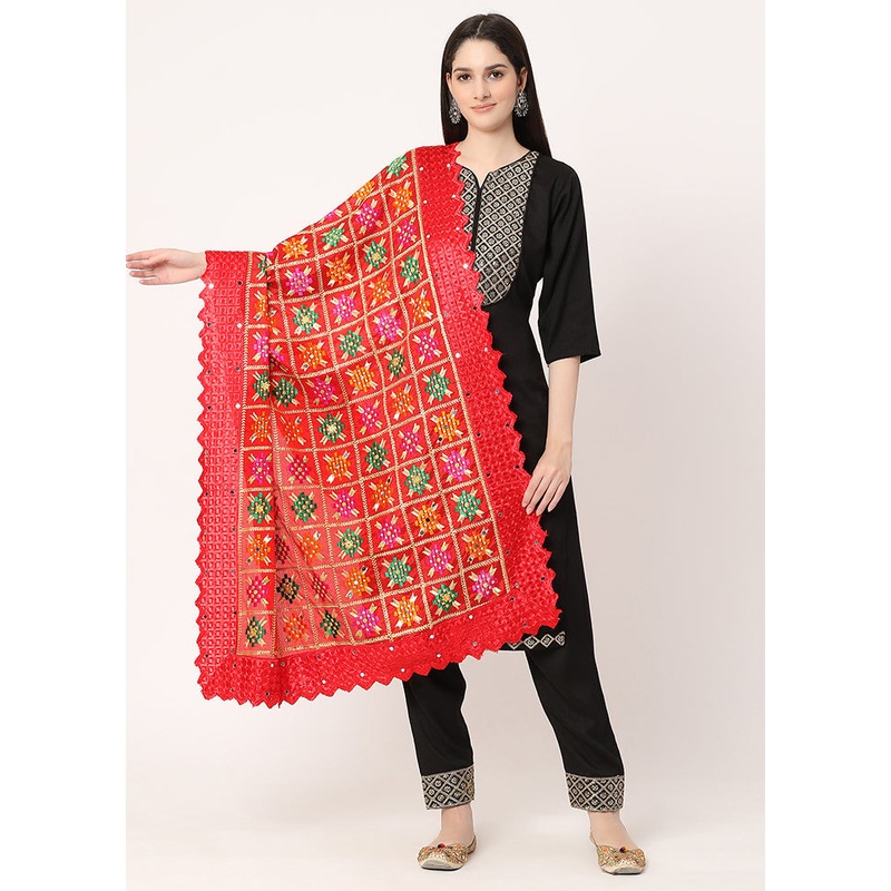 Red Chiffon Phulkari Embroidered Work Dupatta - JD986588976