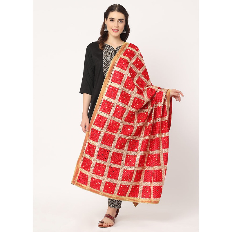 Red Chiffon Phulkari Embroidered Work Dupatta - JD986588977