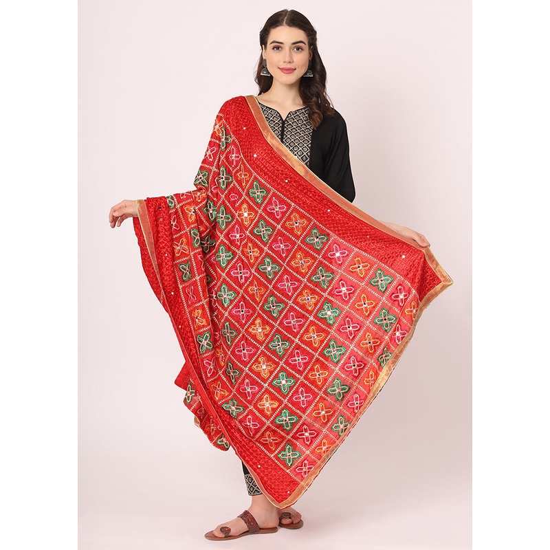 Red Chiffon Phulkari Embroidered Work Dupatta - JD986588978