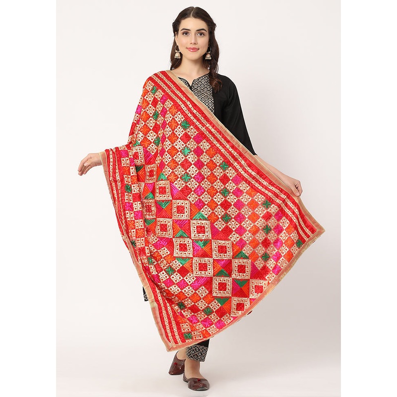 Red Chiffon Phulkari Embroidered Work Dupatta - JD986588979
