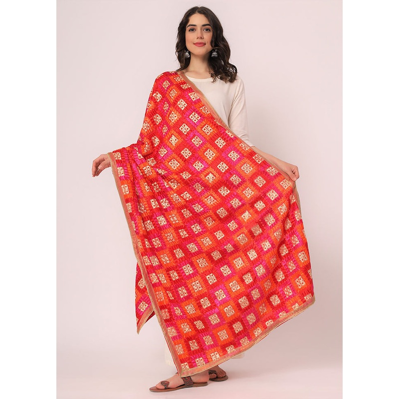 Red Chiffon Phulkari Embroidered Work Dupatta - JD986588980