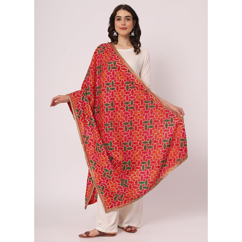 Red Chiffon Phulkari Embroidered Work Dupatta - JD986588981