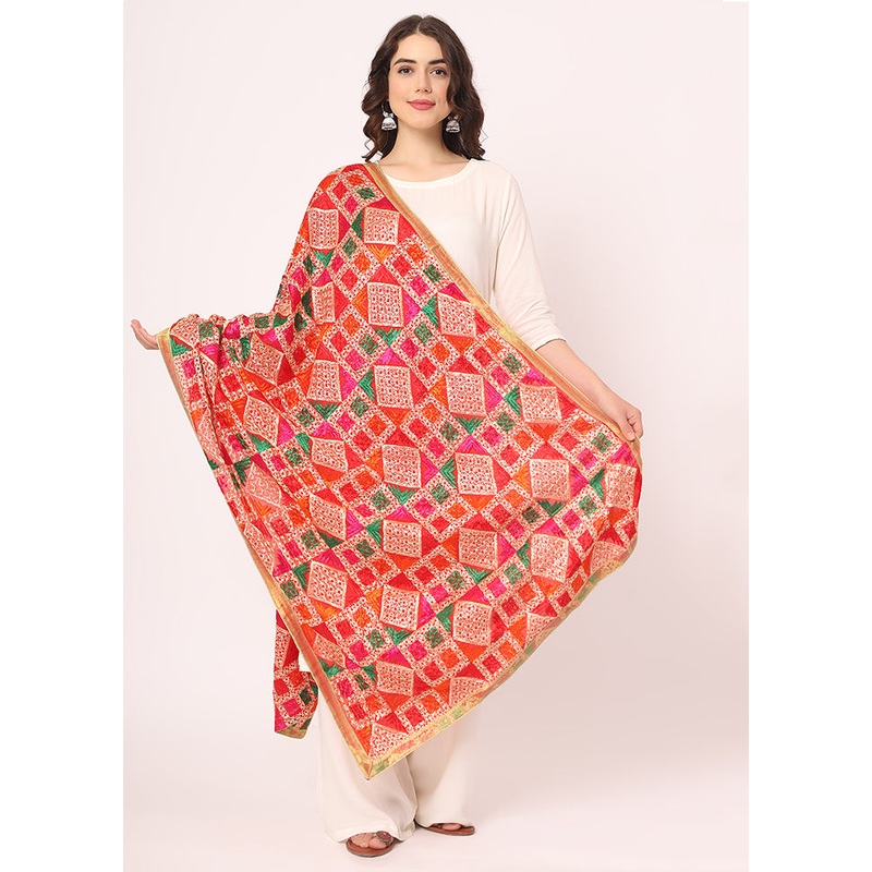 Red Chiffon Phulkari Embroidered Work Dupatta - JD986588982