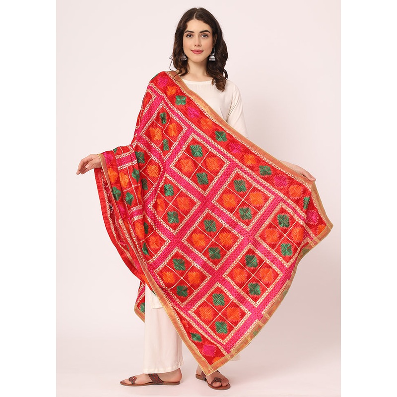 Red Chiffon Phulkari Embroidered Work Dupatta - JD986588983