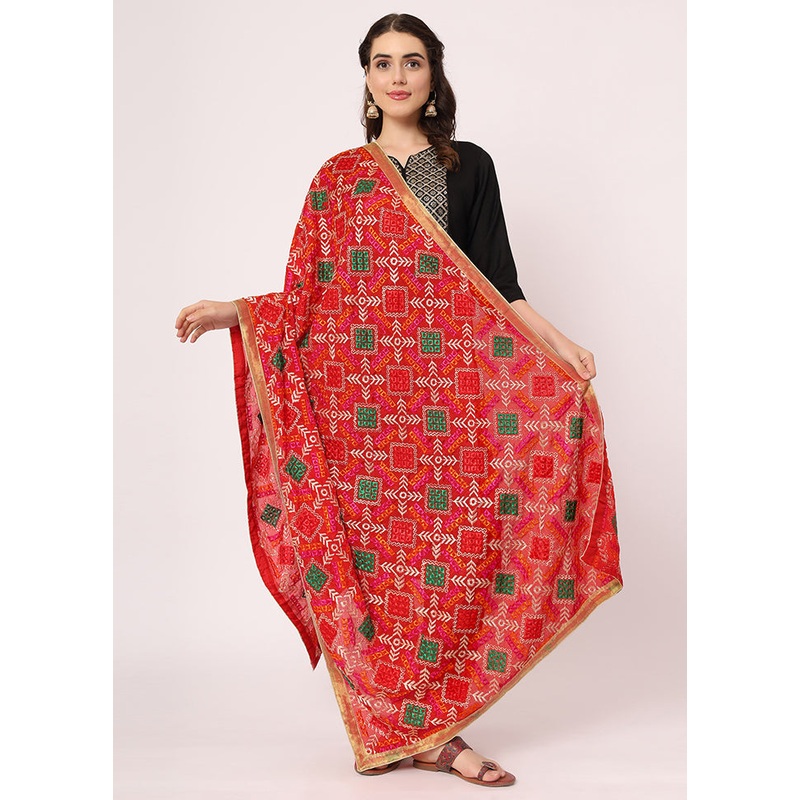 Red Chiffon Phulkari Embroidered Work Dupatta - JD986588984