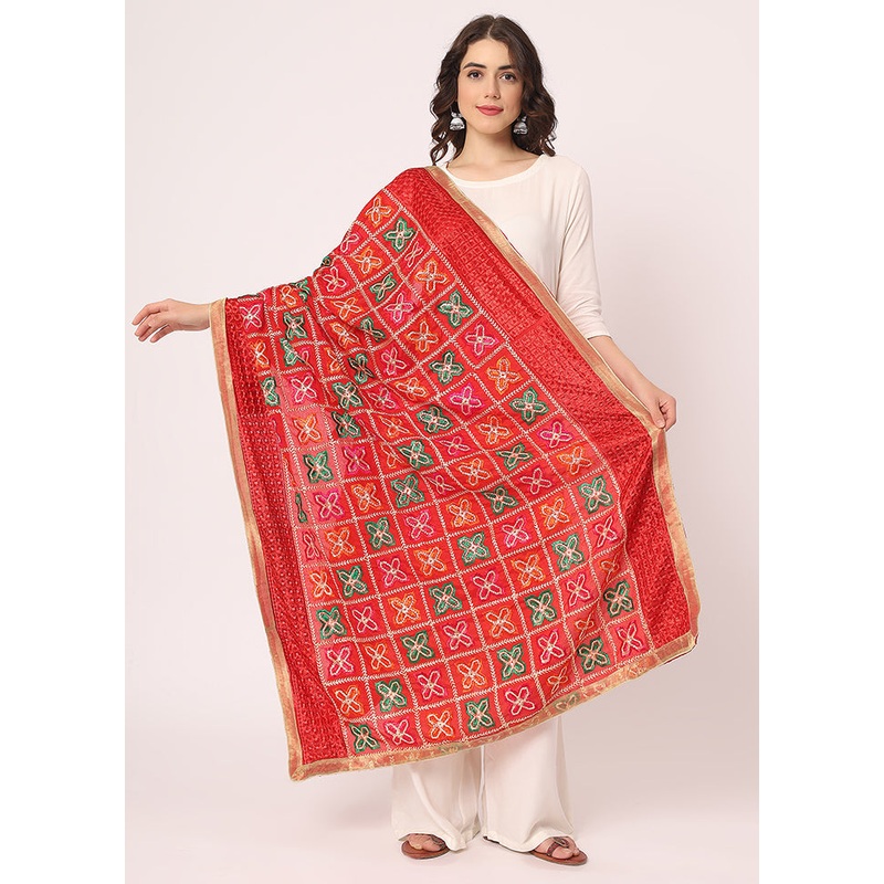 Red Chiffon Phulkari Embroidered Work Dupatta - JD986588985