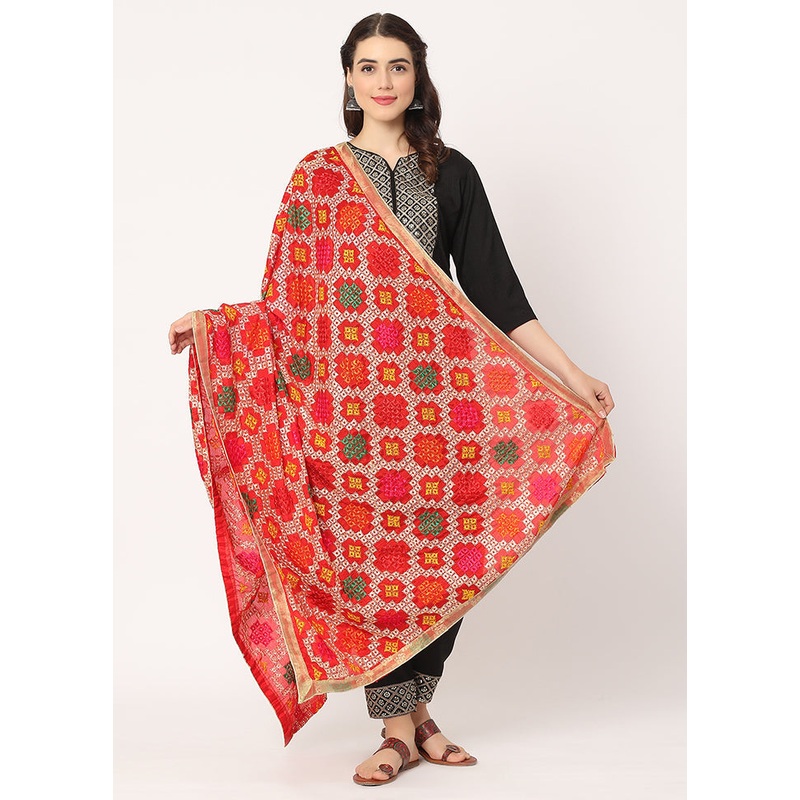 Red Chiffon Phulkari Embroidered Work Dupatta - JD986588986