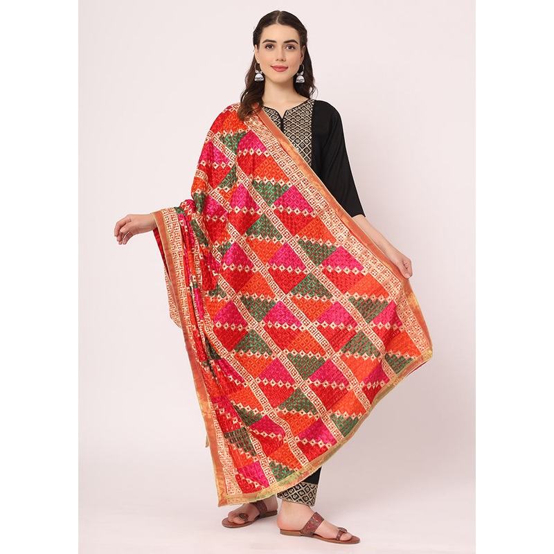 Red Chiffon Phulkari Embroidered Work Dupatta - JD986588987