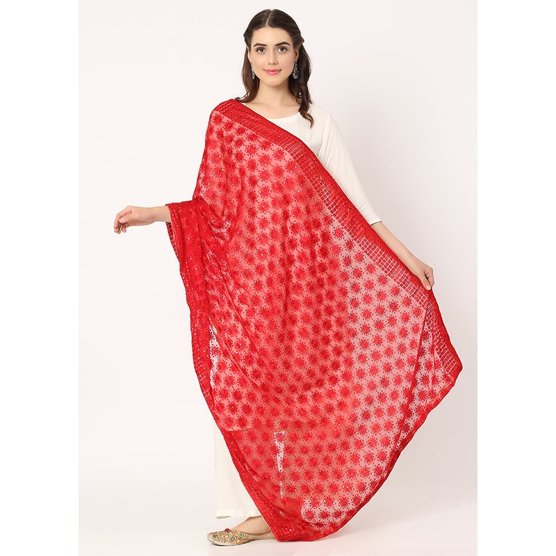 Red Chiffon Phulkari Embroidered Work Dupatta - JD986588988