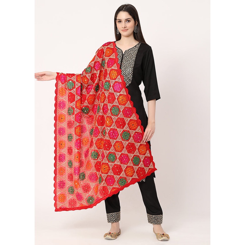 Red Chiffon Phulkari Embroidered Work Dupatta - JD986588989