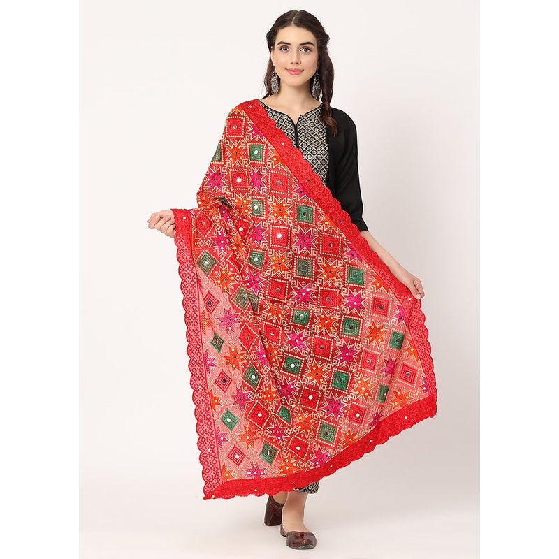 Red Chiffon Phulkari Embroidered Work Dupatta - JD986588991