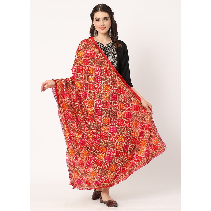 Red Chiffon Phulkari Embroidered Work Dupatta - JD986588992