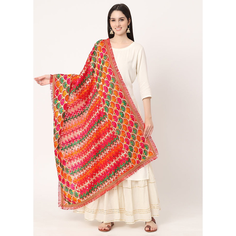 Red Chiffon Phulkari Embroidered Work Dupatta - JD986588993