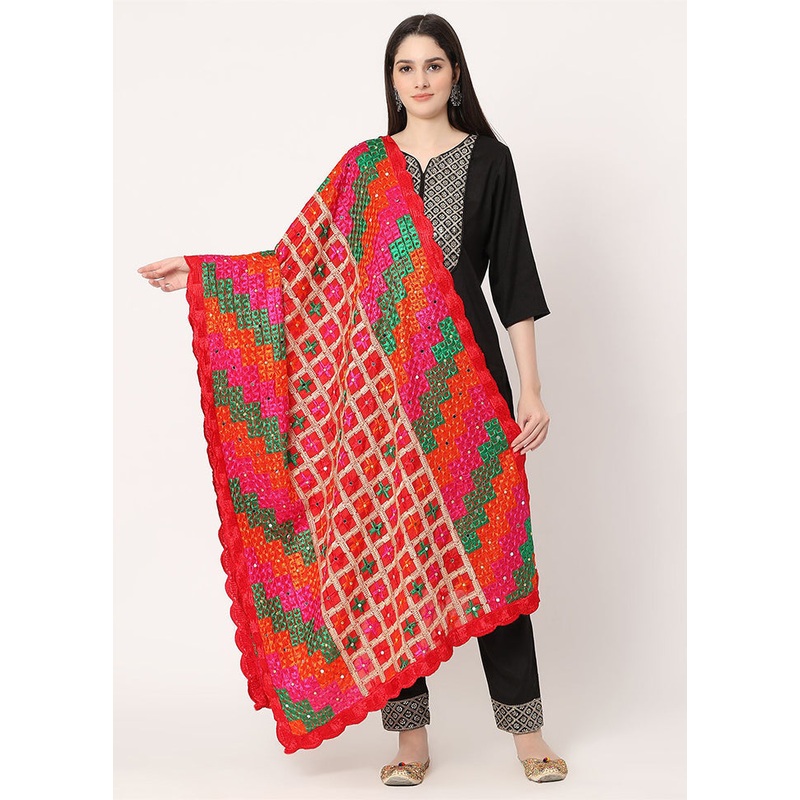 Red Chiffon Phulkari Embroidered Work Dupatta - JD986588994
