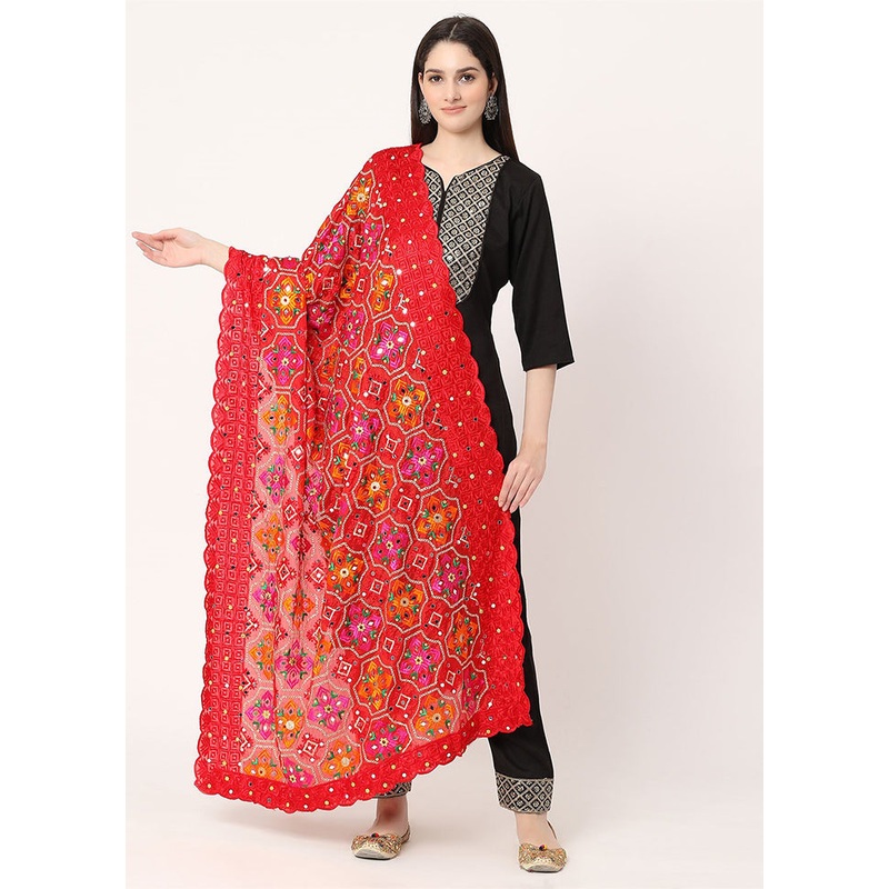Red Chiffon Phulkari Embroidered Work Dupatta - JD986588995