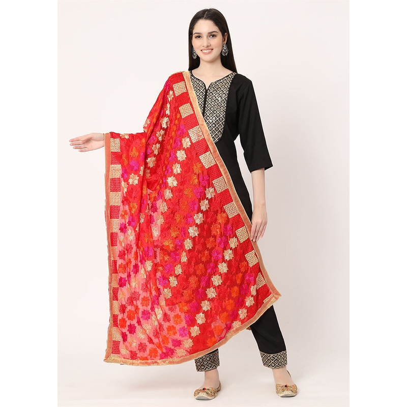 Red Chiffon Phulkari Embroidered Work Dupatta - JD986588996