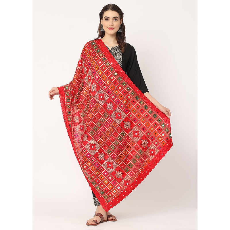Red Chiffon Phulkari Embroidered Work Dupatta - JD986588997