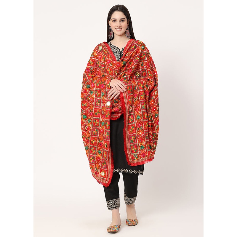 Red Chiffon Phulkari Embroidered Work Dupatta - JD986588998