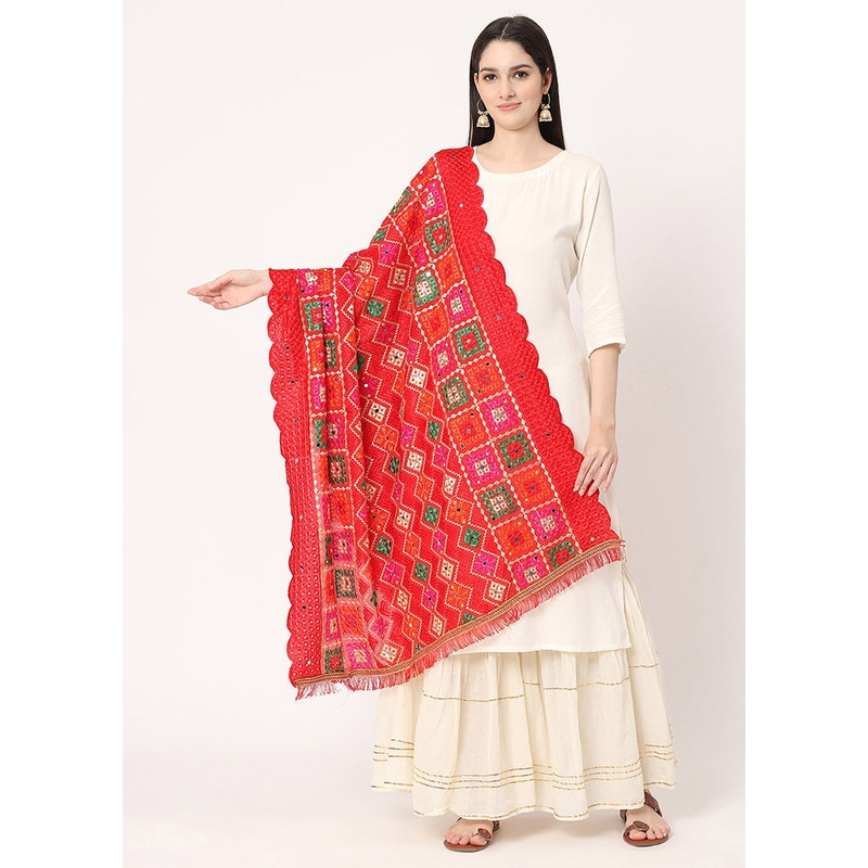 Red Chiffon Phulkari Embroidered Work Dupatta - JD986588999