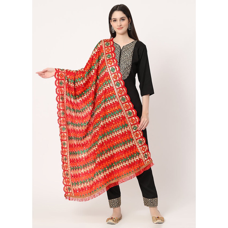 Red Chiffon Phulkari Embroidered Work Dupatta - JD986589000