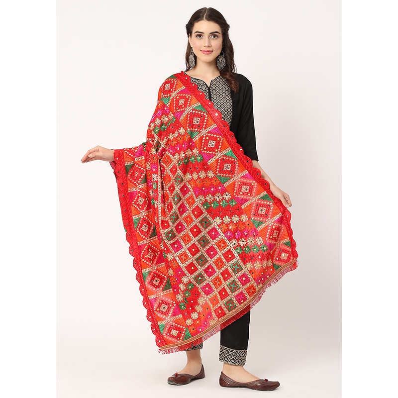 Red Chiffon Phulkari Embroidered Work Dupatta - JD986589001