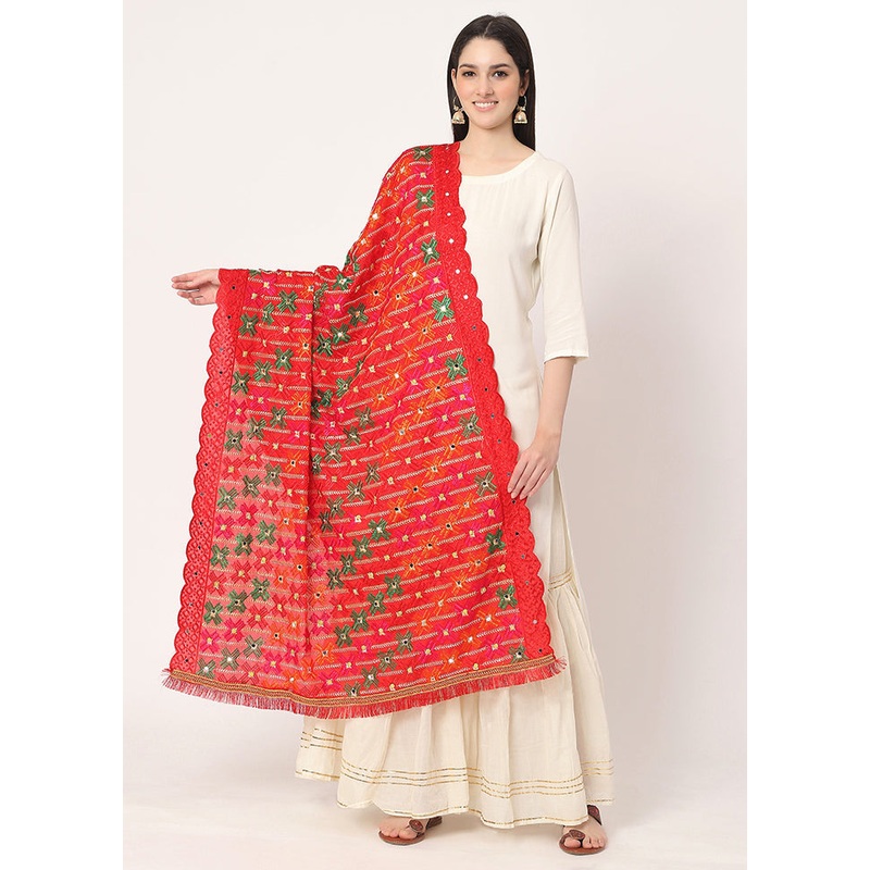 Red Chiffon Phulkari Embroidered Work Dupatta - JD986589002