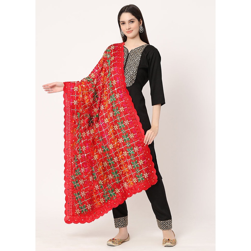 Red Chiffon Phulkari Embroidered Work Dupatta - JD986589003