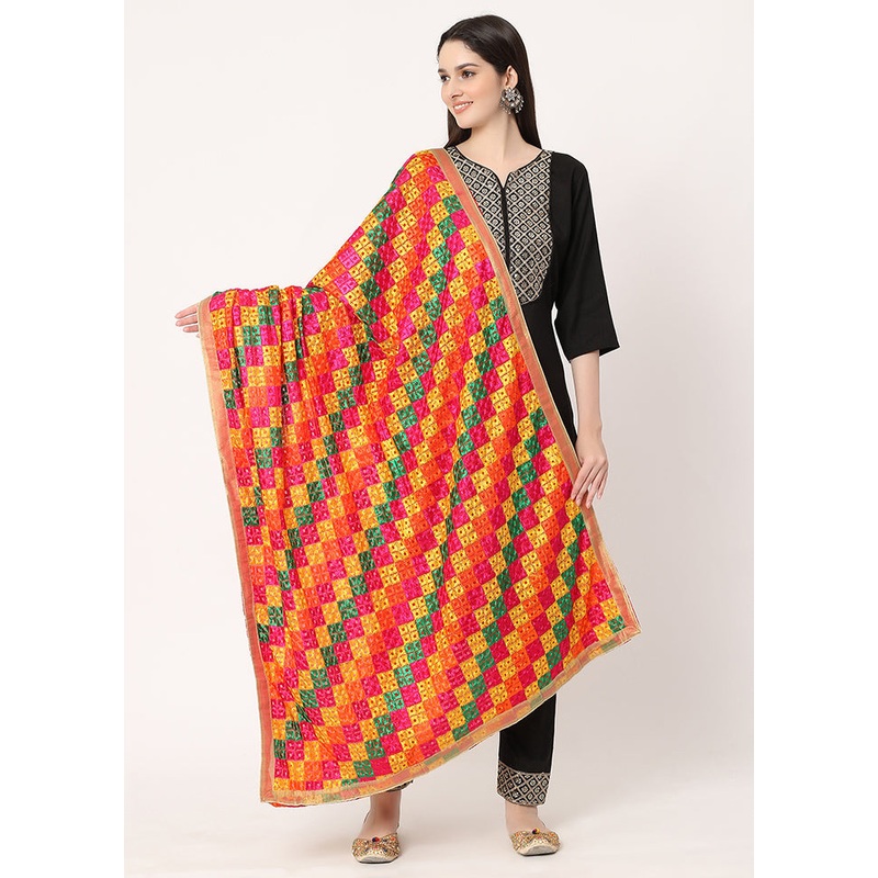 Red Chiffon Phulkari Embroidered Work Dupatta - JD986589004