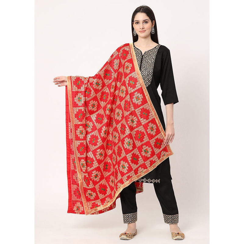 Red Chiffon Phulkari Embroidered Work Dupatta - JD986589005
